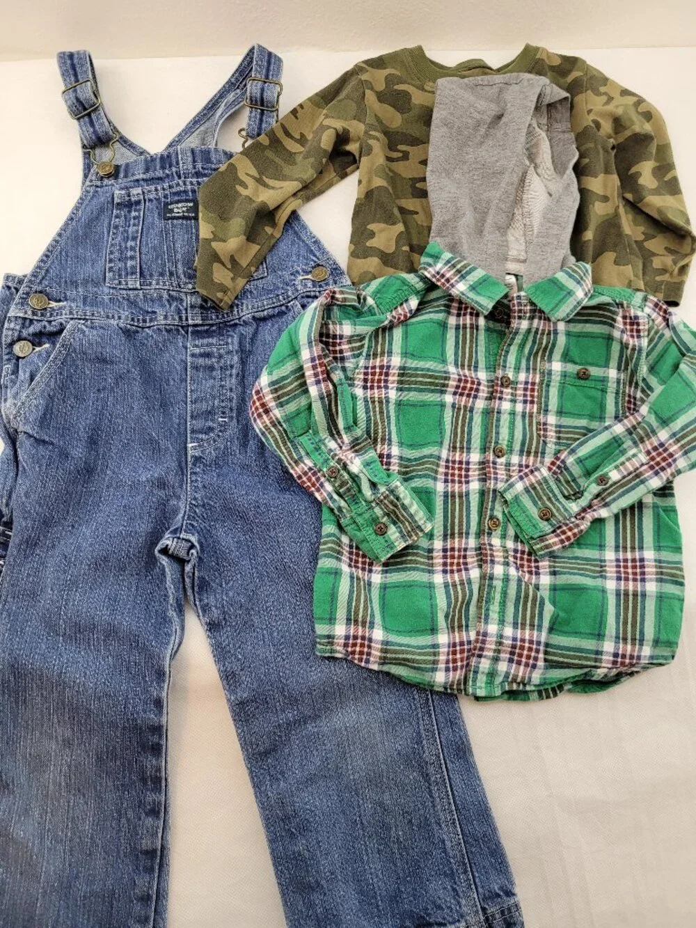 Boys 3 Lot of Carters Flannel Hoodie Garanimals Shirt, OshKosh Bib Overall Jeans